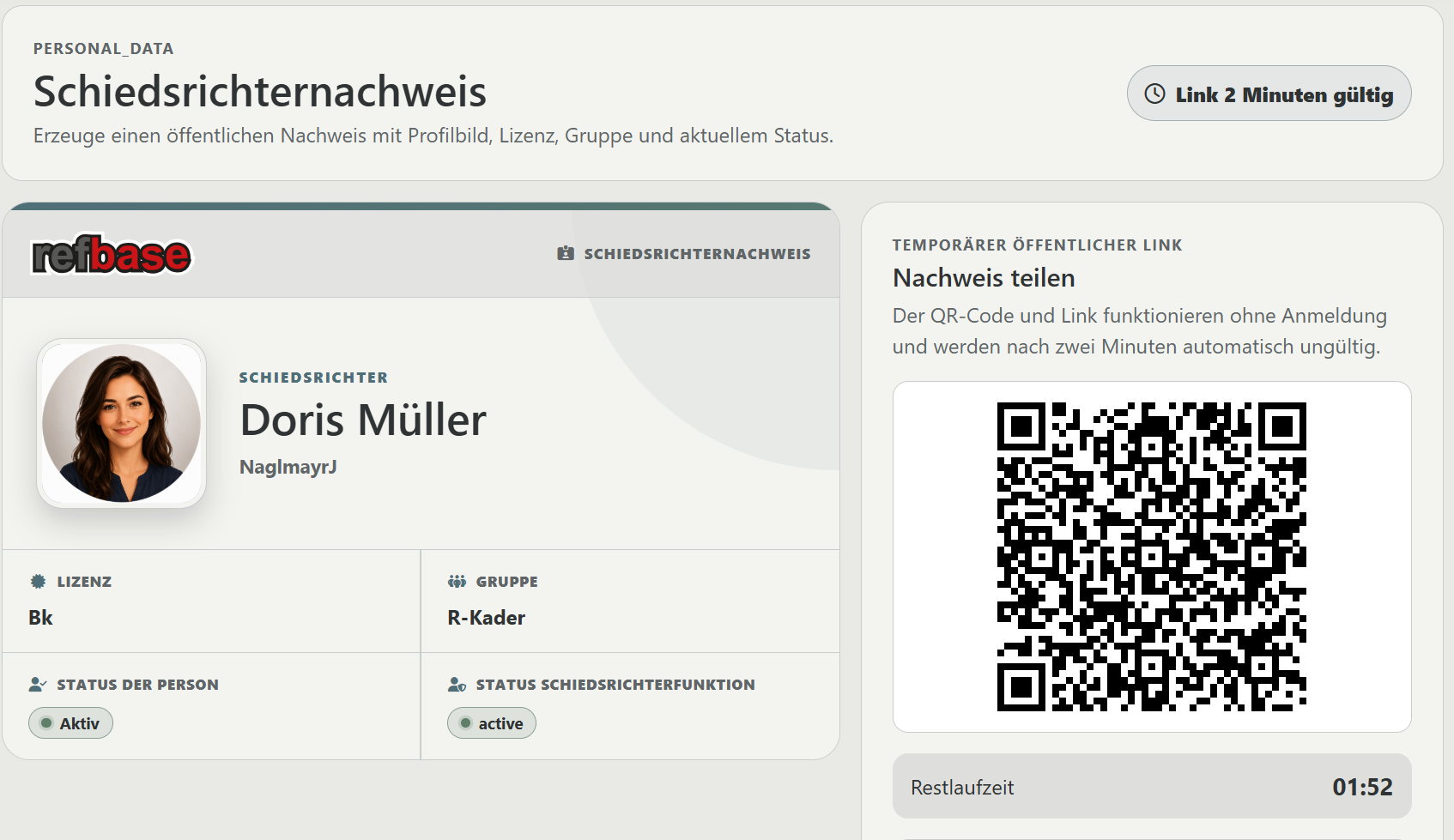 Schiedsrichternachweis mit Profil-, Statusdaten und temporärem QR-Code